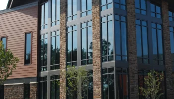 Front view of lindner center of hope main building large window in front of building